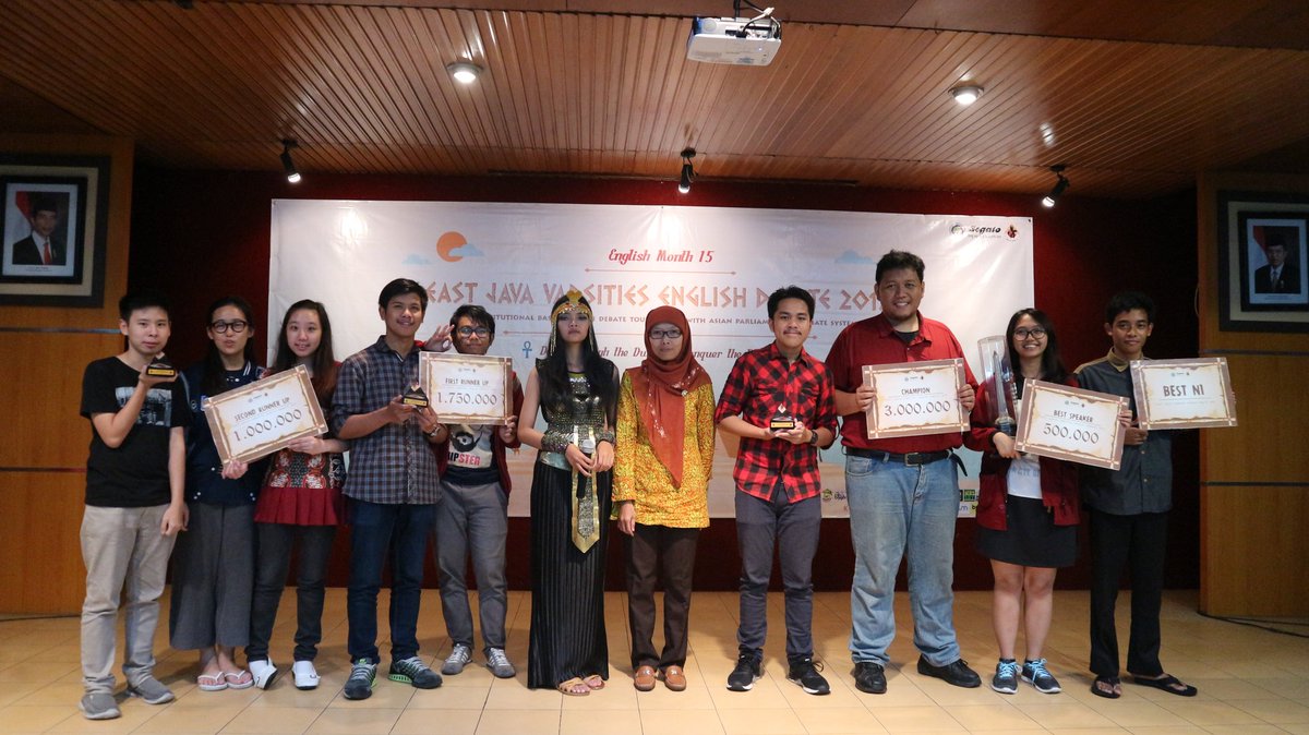 Here are the winner of EJVED 2017! Congratulation for all of you! 😉
Champion: FORMASI UB A
1st Runner Up: FORMASI UB C
2nd Runner Up: UKP A
.
Semifinalist: UNAIR A
BEST SPEAKER: Chairun Nissa H (FORMASI UB A)
BEST N1: Fahrul Ahyan (FORMASI UB C)
#EJVED2017