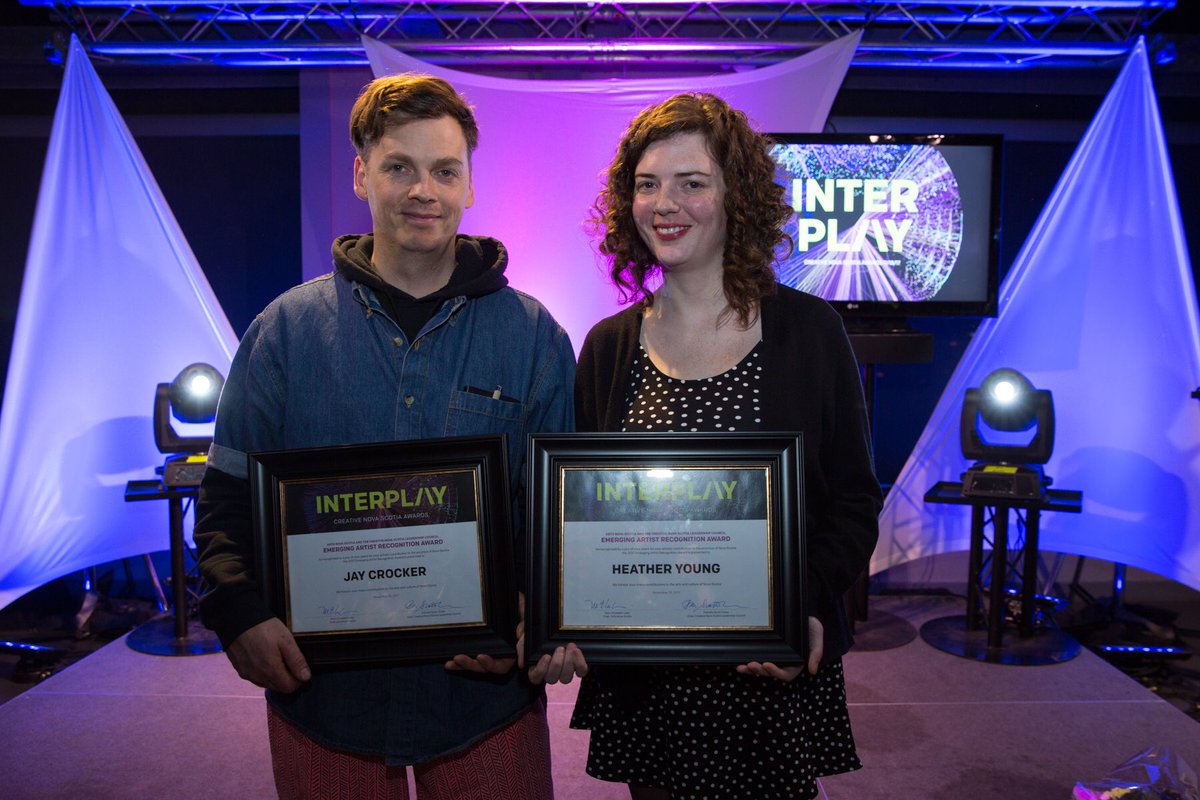 NS_CCTH's tweet photo. The @artsnovascotia #CreativeNS Awards Emerging Artist Recognition Award was presented last night to filmmaker Heather Young (left) and artist, composer, producer, arranger, instrument builder, multi-instrumentalist, and musical explorer Jay Crocker(right). Congratulations! https://t.co/LR2HJjFGLH