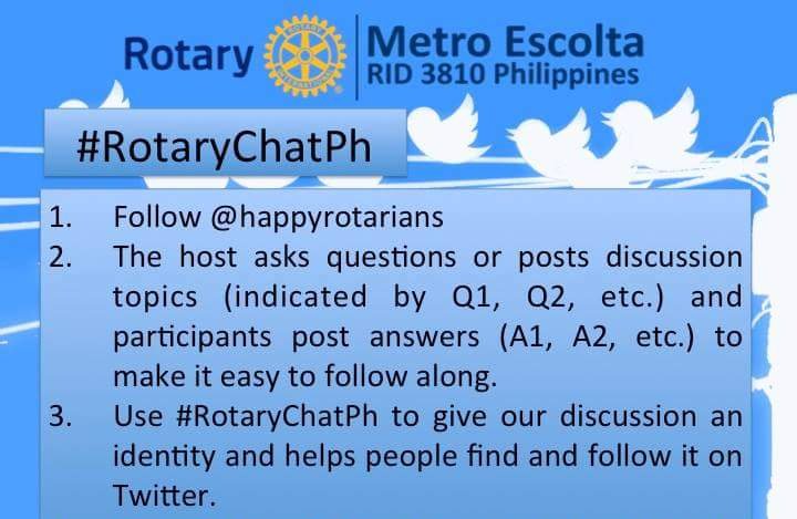 happyrotarians's tweet photo. How to participate in #RotaryChatPH? 

Join us @Rotary Family. Tell us your #RotaryClub, RI District and country. We want to meet everyone. #RotaryChat #RotaryStory #YoungRotary #NewGenRotarians #Rotary https://t.co/vwn4EMXUQM