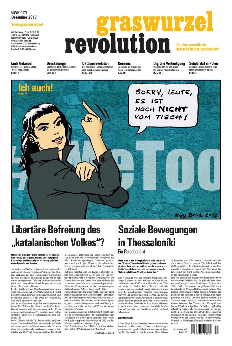 dr_druecke's tweet photo. #Graswurzelrevolution 423 (Dezember 2017): #metoo #katalonien #spanien #polen #griechenland #anarchie #anarchismus #dfg-vk #antimilitarismus #konsens #Cop23Bonn #endegelaende #junepa #antifa https://t.co/HClKAq5Fwx
Probeheft kostenlos https://t.co/ptbQB30sBz