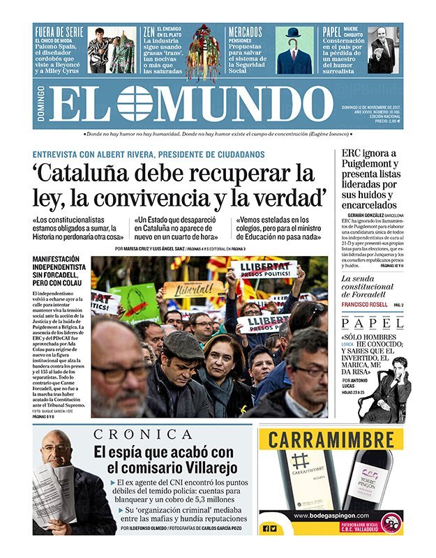 JulianAssange's tweet photo. Barcelona (first two) vs Madrid (last two) front pages this morning shows why Spain is in crisis. Madrid's awful establishment press. A nation can't solve what the press won't let it perceive. https://t.co/B2elSf0sOd