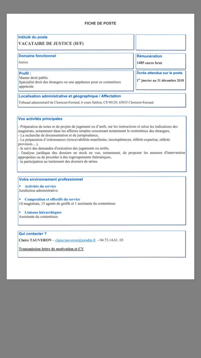 CarolineLto's tweet photo. Le TA de Clermont recrute un "vacataire de Justice". 35h / 1485€ brut.
Appétence pour les droit des étrangers recherchée https://t.co/6qlhmn9VdQ