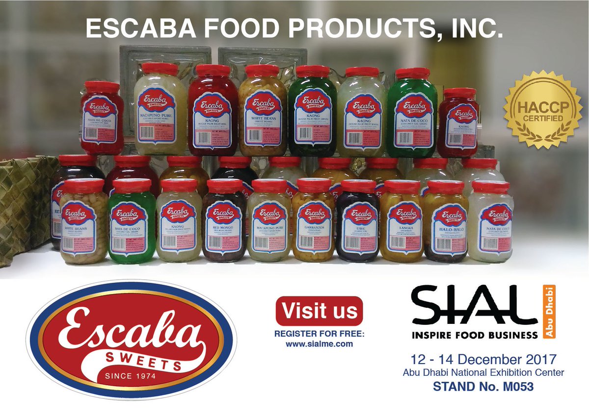 escaba_sweets's tweet photo. We would like to invite you to visit our Stand at SIAL Middle East Exhibition which will takes place on 12-14 Dec 2017 at Abu Dhabi National Exhibition Center, UAE. You can locate us at Stand No. M053. #EscabaSweets #EscabaSweetsGoesToAbuDhabi #SIALME #UAE #Philippines #AbuDhabi https://t.co/cI5mr9f4ZA