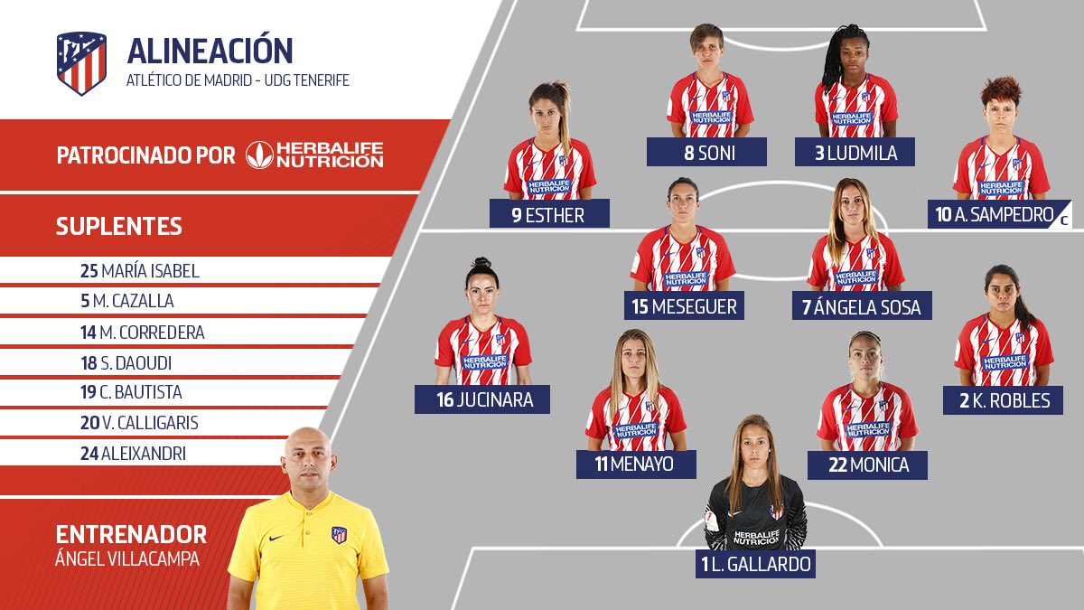 AtletiFemenino's tweet photo. 👥🔴⚪️
¡El once elegido por @villa3rc para el encuentro ante el @UDGTenerife! 
¡A por todas EQUIPO!  💪⚽️
#AúpaAtleti #AtletiGranadilla https://t.co/E49lhYWHDz