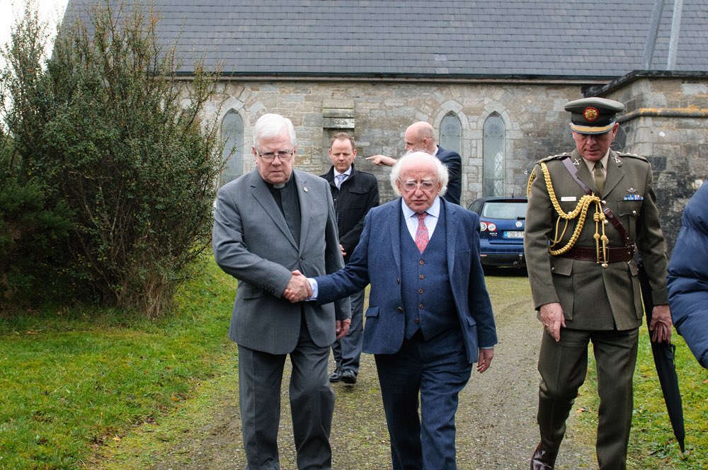 PresidentIRL's tweet photo. On Friday, President Michael D. Higgins visited the Holy Trinity Church in Errislannan, in Co. #Galway.

The church had been damaged by vandalism, with windows smashed, and pews and the organ destroyed. https://t.co/FY9lUw2gFd