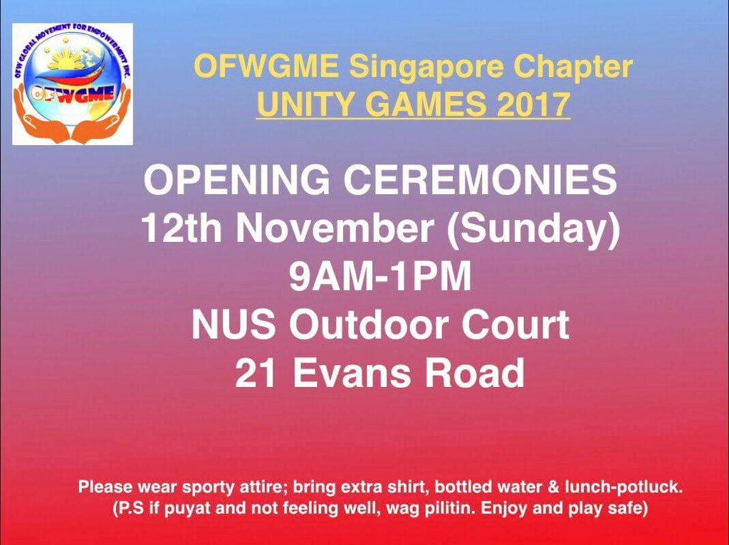 OFWGME's tweet photo. OFWGME- Singapore Chapter UNITY GAMES 2017
Please Contact:
Roger +6587005114 
Rex +6584188204 https://t.co/MBHWvpv9as