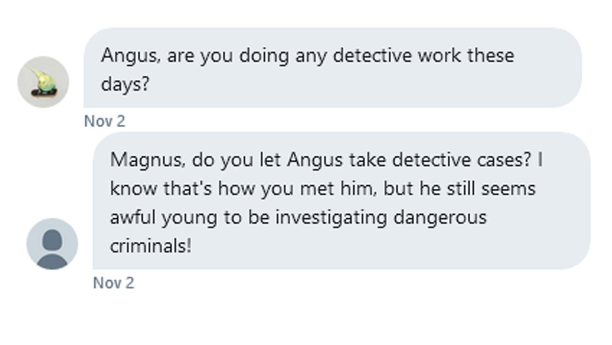 MagsAndAngo's tweet photo. "I mostly go to school but when I'm home I take cases!" 
"He has his own office at the Hammer and Tails, so he's not just out in the world alone taking on bad guys. I've got his back!" https://t.co/V8FcAWDgzi