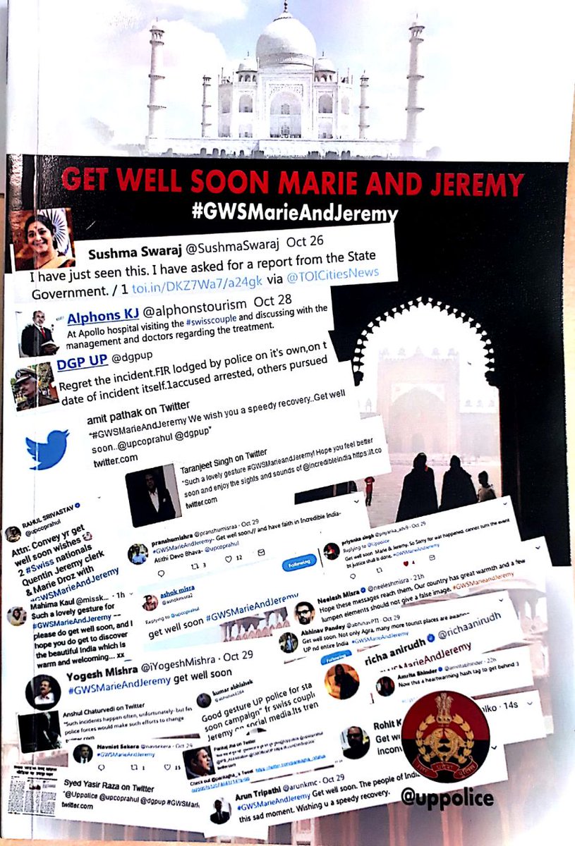 Uppolice's tweet photo. We are uploading a PDF link of your get well soon tweets for #Swiss nationals. Pls share.
Thank u everyone once again. #uppolice 
#GWSMarieAndJeremy
@SushmaSwaraj 
@IPS_Association  ~https://t.co/JmwXTh8AWc https://t.co/rbMEBNnY52