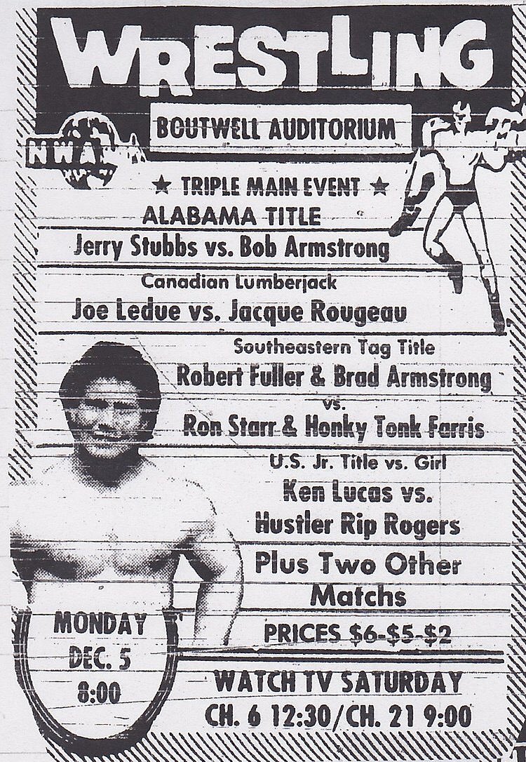 CCWpresentsECCW's tweet photo. 12/5/83 #Birmingham #BulletBob vs #JerryStubbs #RobertFuller/#BradArmstrong vs @OfficialHTM &amp; #RonStarr @Hustler2754 vs #KenLucas #SECW https://t.co/Y38QnJTC2z
