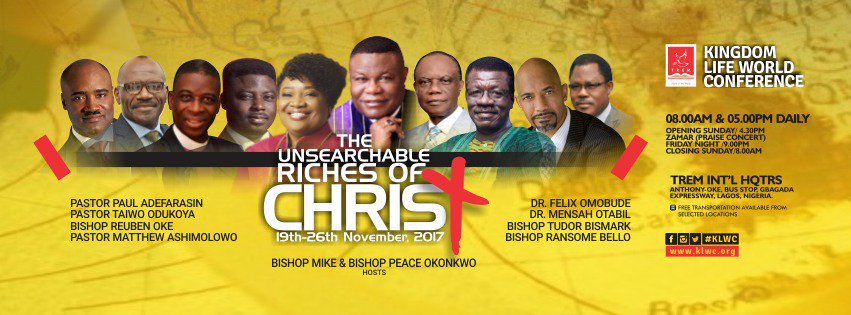 iamemekaozor's tweet photo. The KING of kings is welcoming His kings to a conference with HIM TAGGED: The Unsearchable Riches Of Christ. Come partake of His great riches at #KLWC
Venue: @tremworld Date: Nov 19 - 26th 2017 Time: 9am & 4pm.
8 Days with Jesus; Time for a life changing moment.
#Countdown7Days https://t.co/VwGkkuryAV