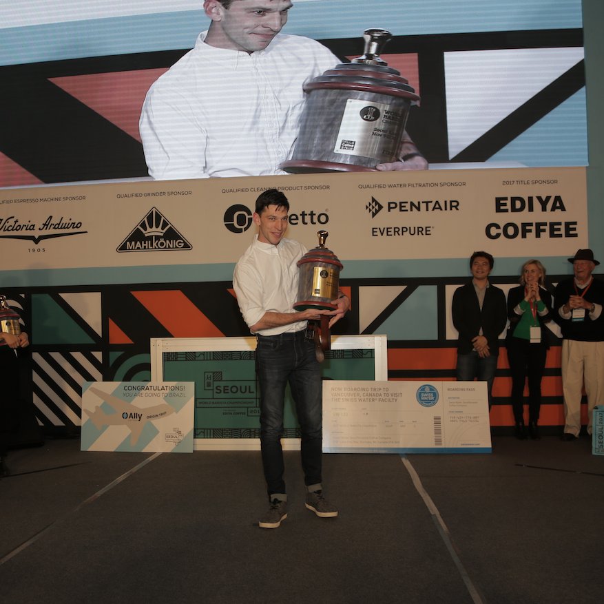 Congratulations to Dale Harris from United Kingdom, winner of the 2017 World Barista Championship at @cafeshowseoul.

Thanks to 2017 Title Sponsor, Ediya Coffee and our 2015-2017 Qualified Sponsors <a href="/victoriaarduino/">Victoria Arduino Official</a>, @MAHLKOENIG, <a href="/Cafetto/">Cafetto</a>, and <a href="/Pentair/">Pentair</a>! Photo: Jake Olson