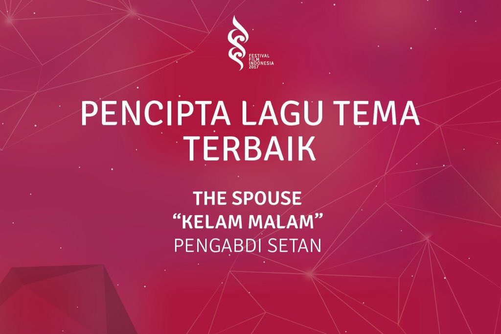 Peraih Pencipta Lagu Tema Terbaik Festival Film Indonesia 2017 - The Spouse ( Kelam Malam ) <a href="/AimeeSaras/">Aimee Saras</a> - @pengabdi_setan #PialaCitra2017 #FFI2017 #62thFFI #FilmIndonesia #BanggaFilmIndonesia #FestivalFilmIndonesia #AkuCintaFilmIndonesia #AyoNontonFilmIndonesiadiBioskop