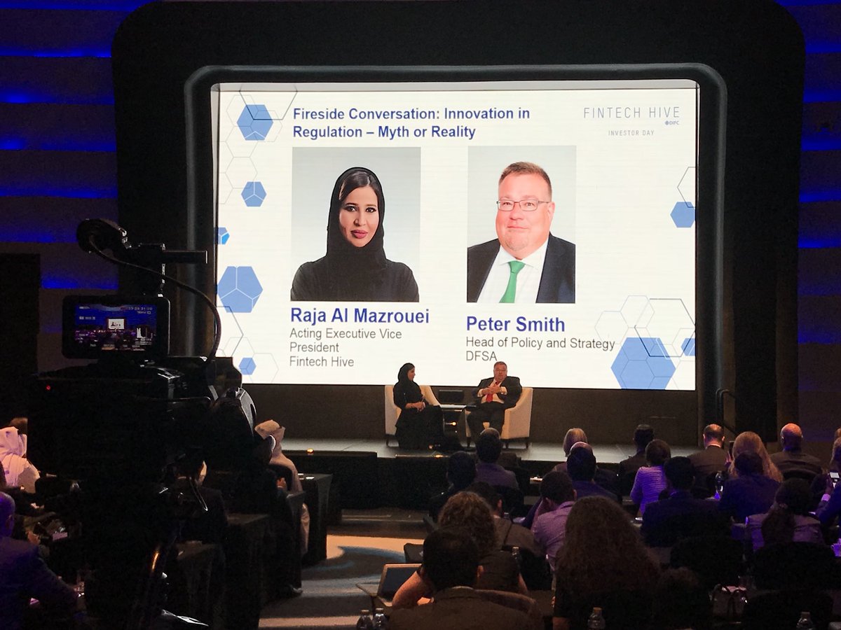 Next up, a Fireside Conversation at #InvestorDay titled, “Innovation in Regulation - Myth or Reality” with @rrouge, Acting EVP – #FinTechHive at DIFC &amp; Peter Smith, Head of Policy &amp; Strategy, #DFSA