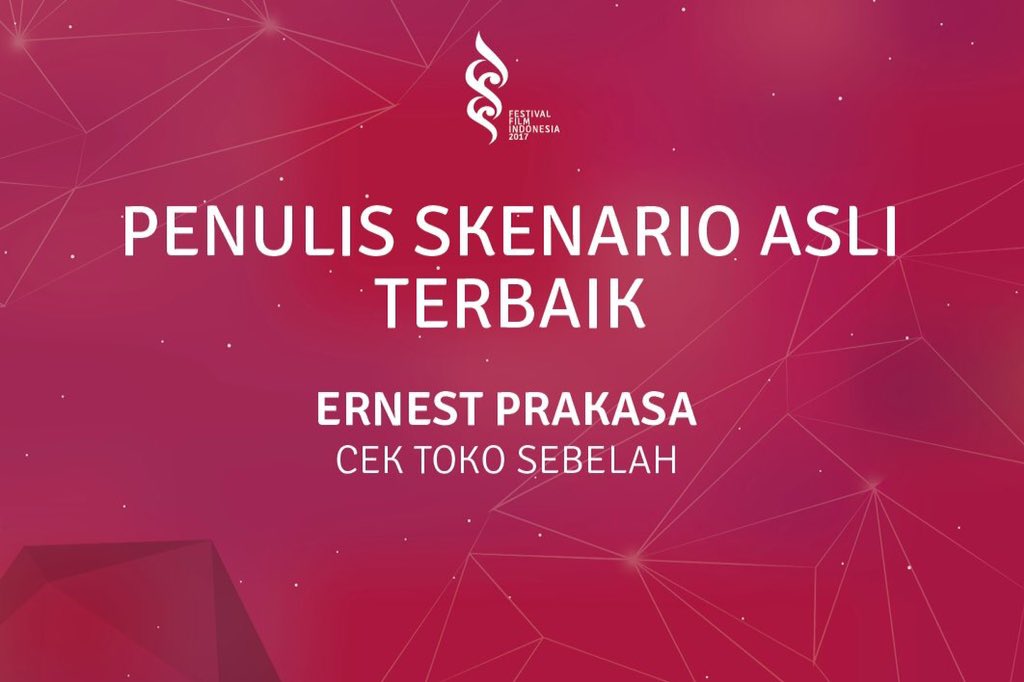 Peraih penulis Skenario Asli Terbaik Festival Film Indonesia 2017 - <a href="/ernestprakasa/">Pria Perkasa</a> - Cek Toko Sebelah <a href="/Starvisionplus/">Starvision | MODUAL NEKAD DI BIOSKOP</a> #PialaCitra2017 #FFI2017 #62thFFI #FilmIndonesia #BanggaFilmIndonesia #FestivalFilmIndonesia #AkuCintaFilmIndonesia #AyoNontonFilmIndonesiadiBioskop