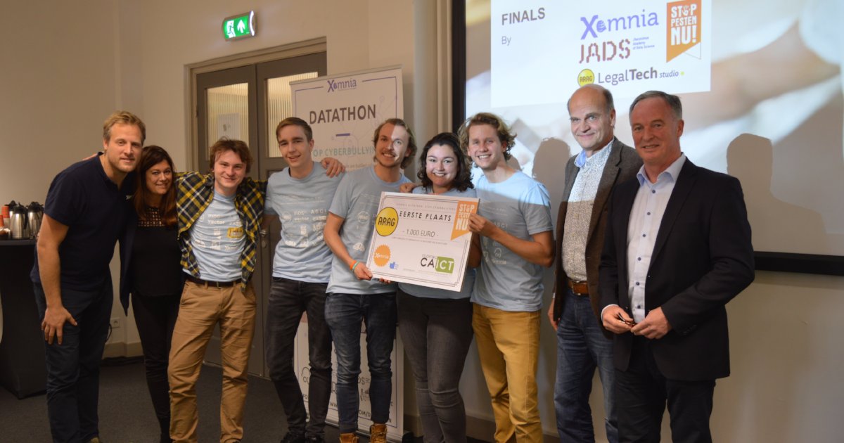 Xomnia_BV's tweet photo. The winner of the #XomniaDatathon Stop Cyberbullying is A-Eskwadraat. What did they create in 24h? The team will explain their solution tomorrow at @OmroepWNL Goedemorgen Nederland. Like = congrats 🎉@ARAG_nl @stoppestennu #CyberBullying https://t.co/MMk06yRJq3
