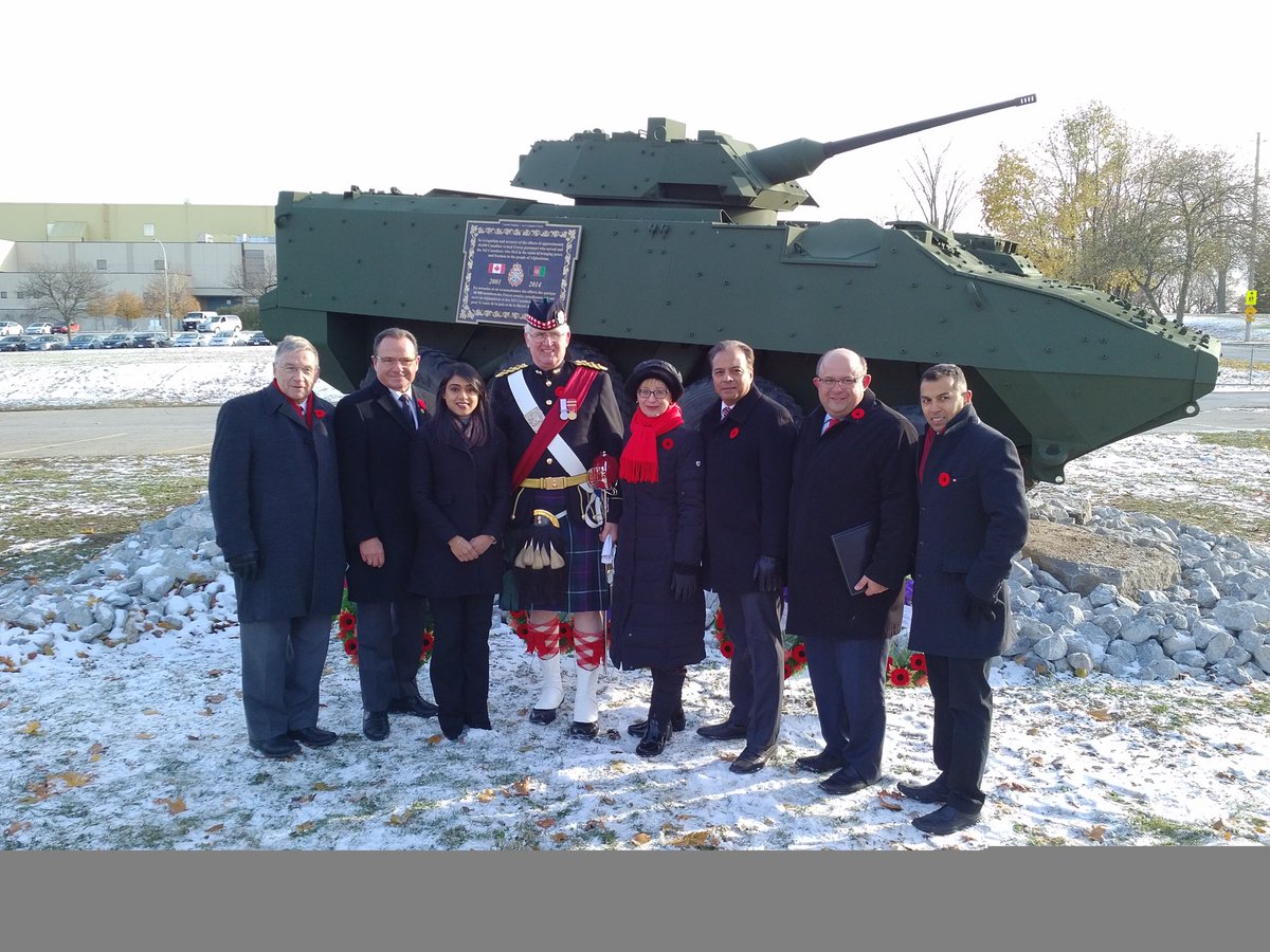 DaieneVernile's tweet photo. This Light Armoured Vehicle Monument was unveiled at the #Kitchener Armoury on #RemembranceDay2017 as a tribute to those who served in Afghanistan. Thnx to @TheRHFC #WaterlooRegionsRegiment for a moving ceremony. #onpoli https://t.co/HtNWdLqSM1