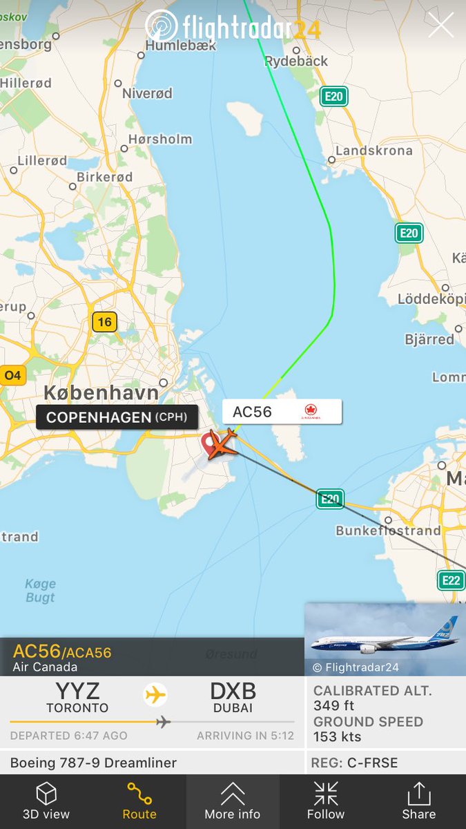 aviationdk's tweet photo. ALERT: @AirCanada flight #AC56 from Toronto to Dubai is diverting to Copenhagen, reason unknown. @airlivenet https://t.co/kLpYcGSoOm
