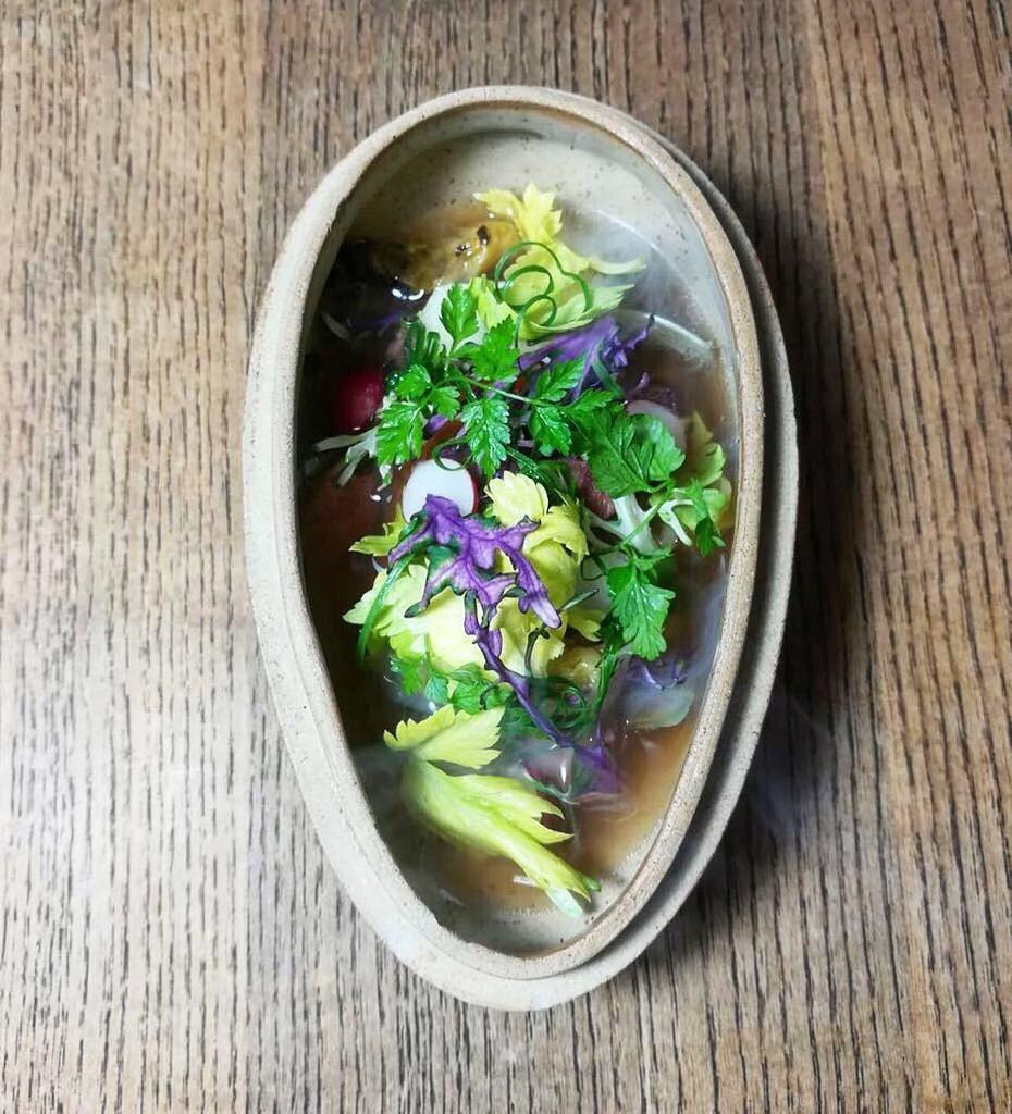 Lamb broth, lamb’s tongue, raw &amp; fermented vegetables. A new starter on our Lunch Menu.
.
.
#fera #feraatclaridges… ift.tt/2zvI8a7