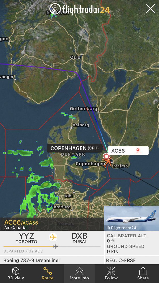 FlightIntl's tweet photo. Air Canada flight #AC56 from Toronto to Dubai just diverted to Copenhagen (via @aviationdk) https://t.co/yiKtD9NjEs https://t.co/WcDXL3LqEv