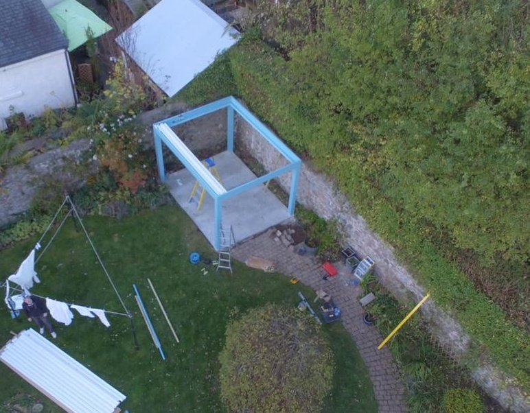 PapillonGardens's tweet photo. #biossun patio cover in progress. The blue colour really brightens up this area of the #garden in #Stonehaven. Beatutiful! #GardenDesign #PatioCover #design #Aberdeen #patios #OutdoorLiving https://t.co/Bxr6IrsHYl
