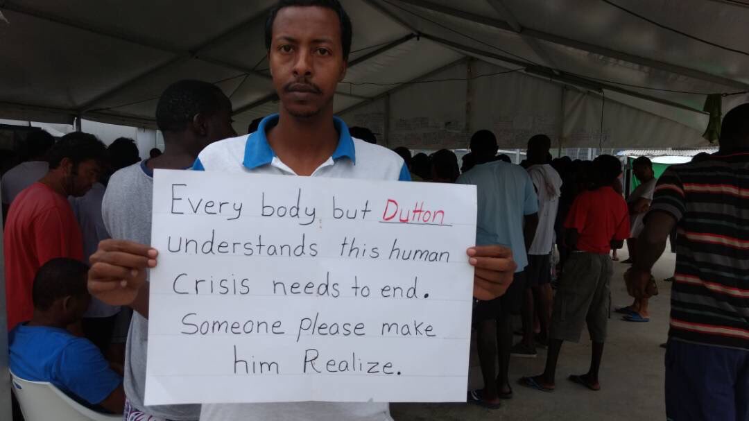 rac_sydney's tweet photo. DAY 104 of #Manus protests: "Every body but Dutton understands this human crisis needs to end."

Sydney: Keep standing with Manus men and pressuring the Govt to #BringThemHere 

SATURDAY 18 Nov 1pm Hyde Park North 
https://t.co/R2UjlSRizT… #ManusSOS https://t.co/Vyt3o96QhD
