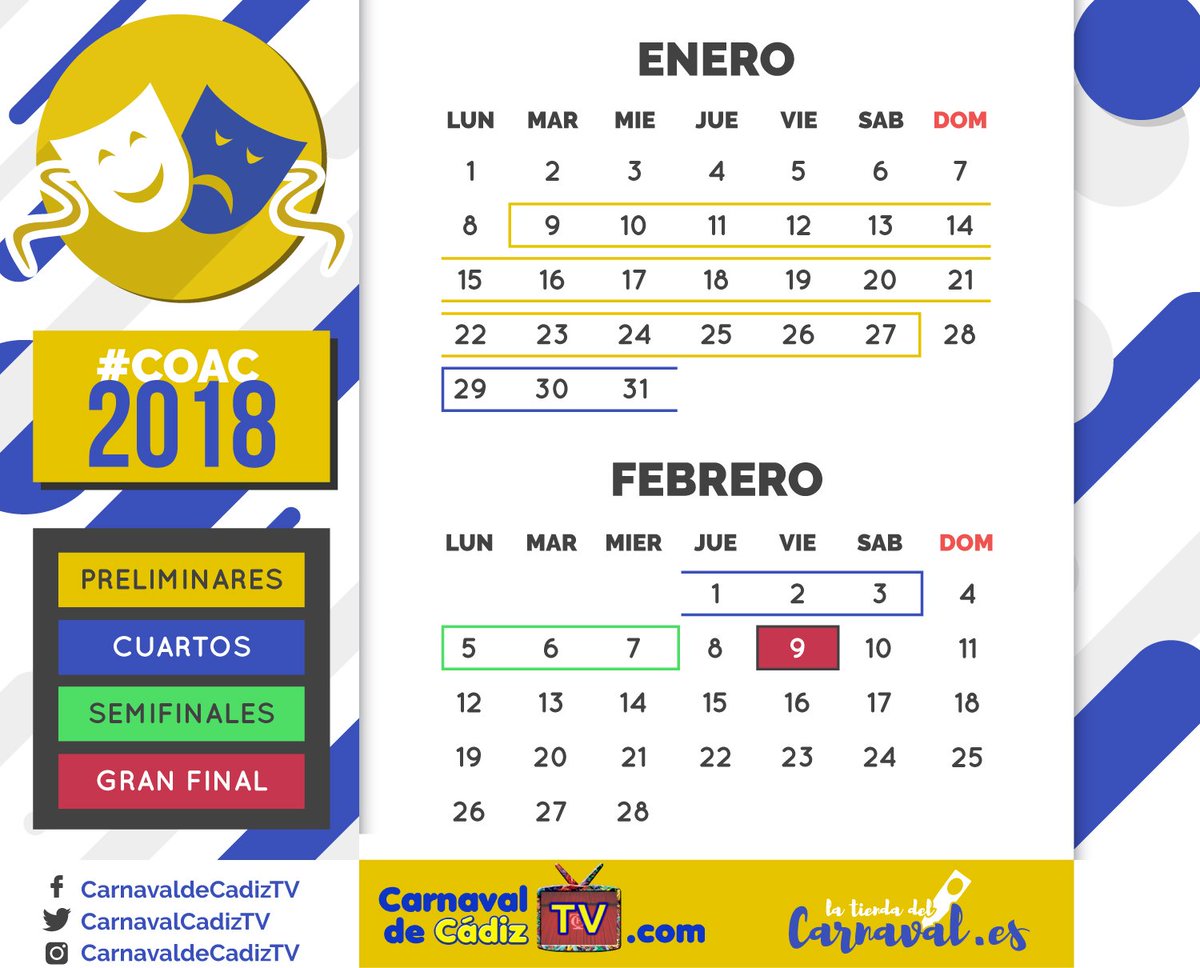 CarnavalCadizTV's tweet photo. Os recordamos el calendario del #COAC2018 #SorteoCOAC2018 https://t.co/C1LVYrJioF