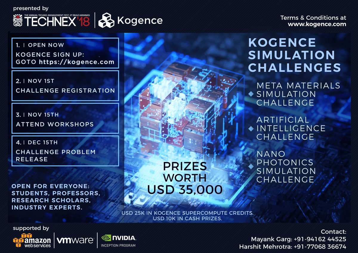technexiitbhu's tweet photo. Particip8 in evnts about supercomputing and scientific simulation on Kogence&amp;win prizes worth $35,000&amp;exciting internships,Follow these simple steps:SignUp on- https://t.co/lKs5RaOkbC then Register for the challenge at- https://t.co/ImIPAd1SR9 
from 01/11/17 #Technex18 #Kogence https://t.co/iEwhwsxKye