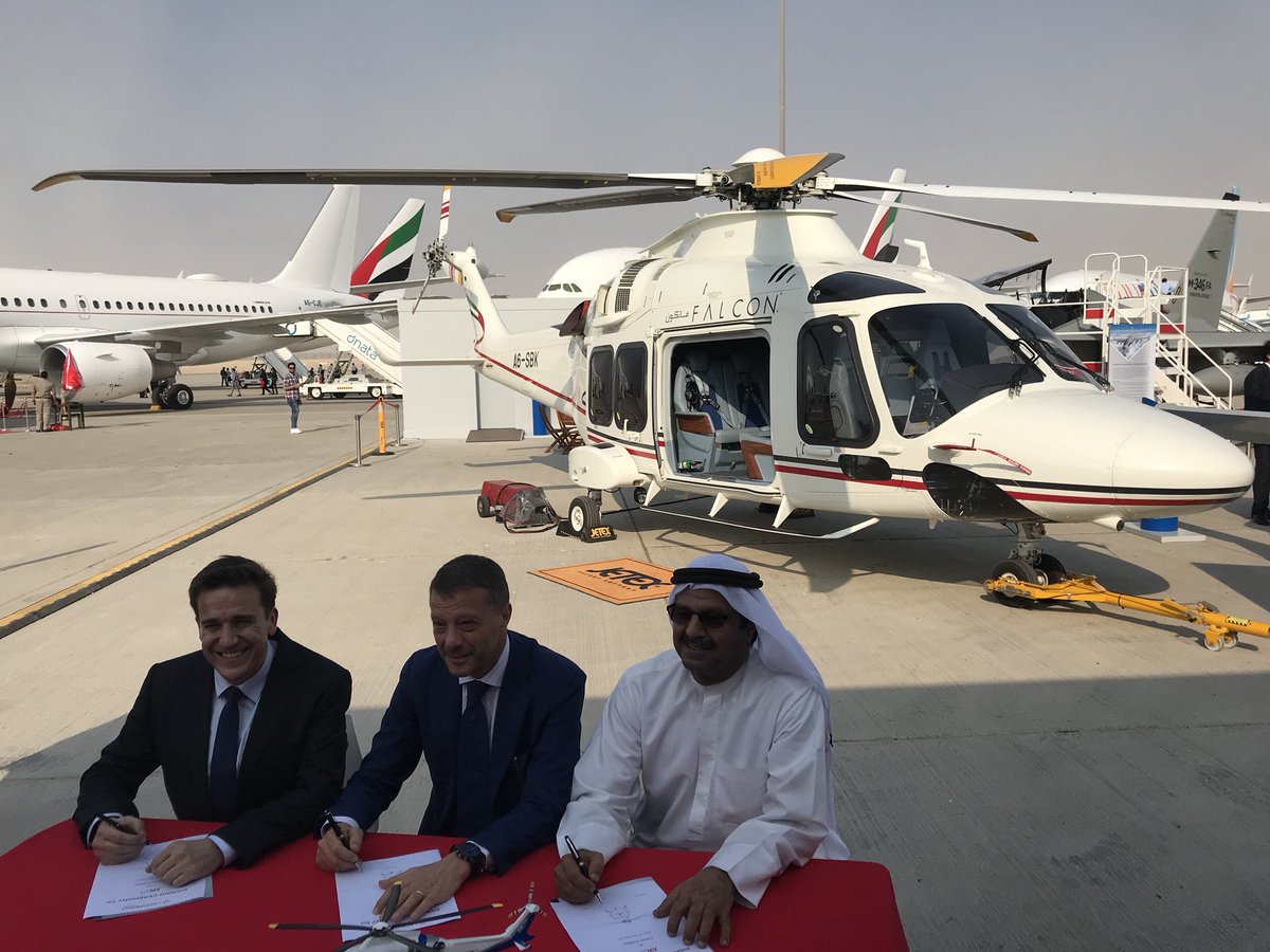 FNTejera's tweet photo. @DubaiAirshow. The big Announcement is here @AgustaWestland & #MilestoneAviation will supply three brand new #AW169 to #FalconAviationServices. https://t.co/pxc5JFWdM2