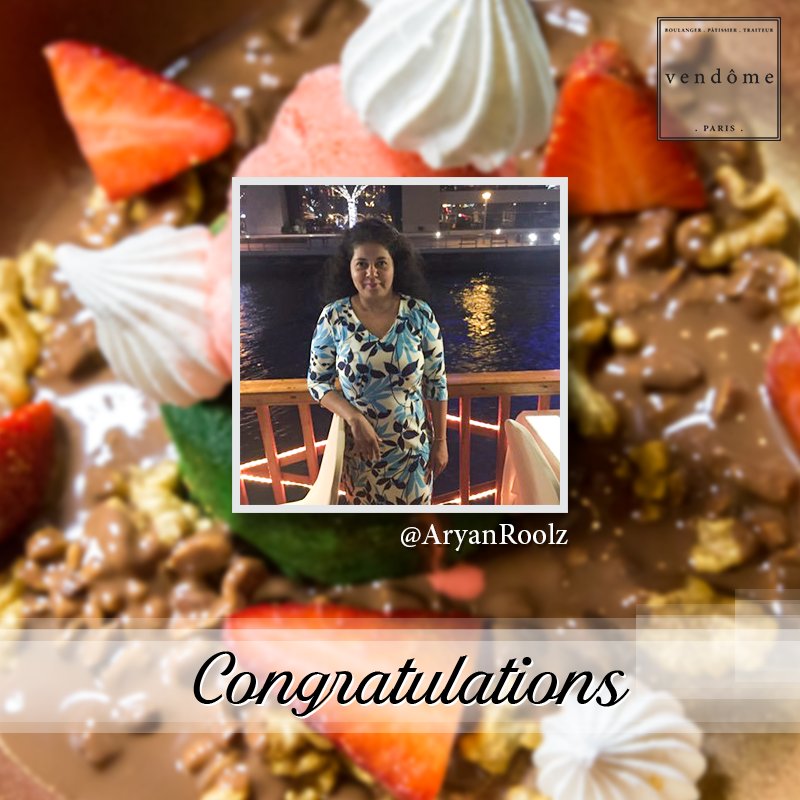 vendomedubai's tweet photo. #Congratulations @aryanroolz !
Our 1st #winner this #month #winning “A Meal for Two”
Send us a private message to claim your prize.
#contest #dubaicontest #recipe #frenchfood #mydubai #uae #jumeirah #dubaifood #win #meal #dubaiblogger #dubaifoodbloggers #frenchmenu #dubaieating https://t.co/KEy2cj3a7u