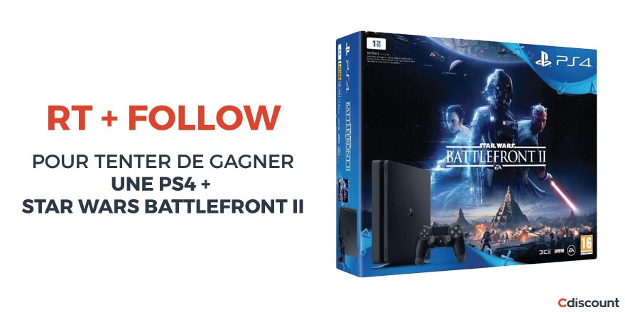 Cdiscount's tweet image. 🎁 #Concours

🎮 #PS4 1To + #StarWarsBattlefrontII &amp;gt; bit.ly/2zzR0cs   

⭐️ Pour participer : RT + Follow @Cdiscount

📢 TAS 17/11
