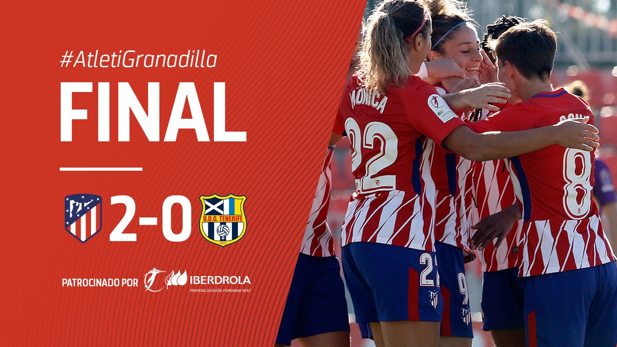 AtletiFemenino's tweet photo. ⏱ 93' | 2-0 | 📍 ¡Final del partido! 
¡Una nueva victoria de nuestras chicas! 🔝👏
¡Seguimos invictas! 🏧🔴⚪️ 
#AúpaAtleti #AtletiGranadilla https://t.co/BbJ3fJSA3l