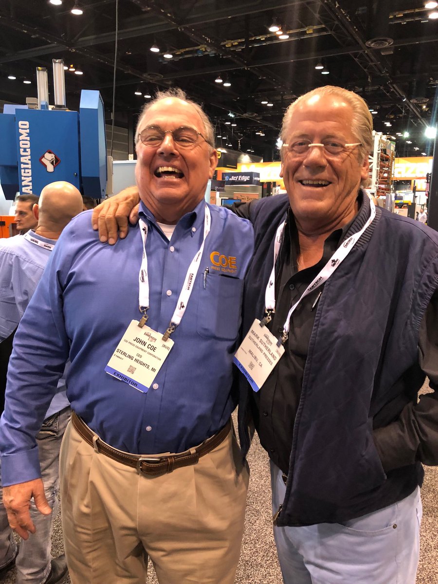SutherlandPress's tweet photo. #CoePress, #SutherlandPresses after 35+ years of business together, John Coe & Mark Sutherland at last weeks Fabtech Show. https://t.co/smcIun8PWI