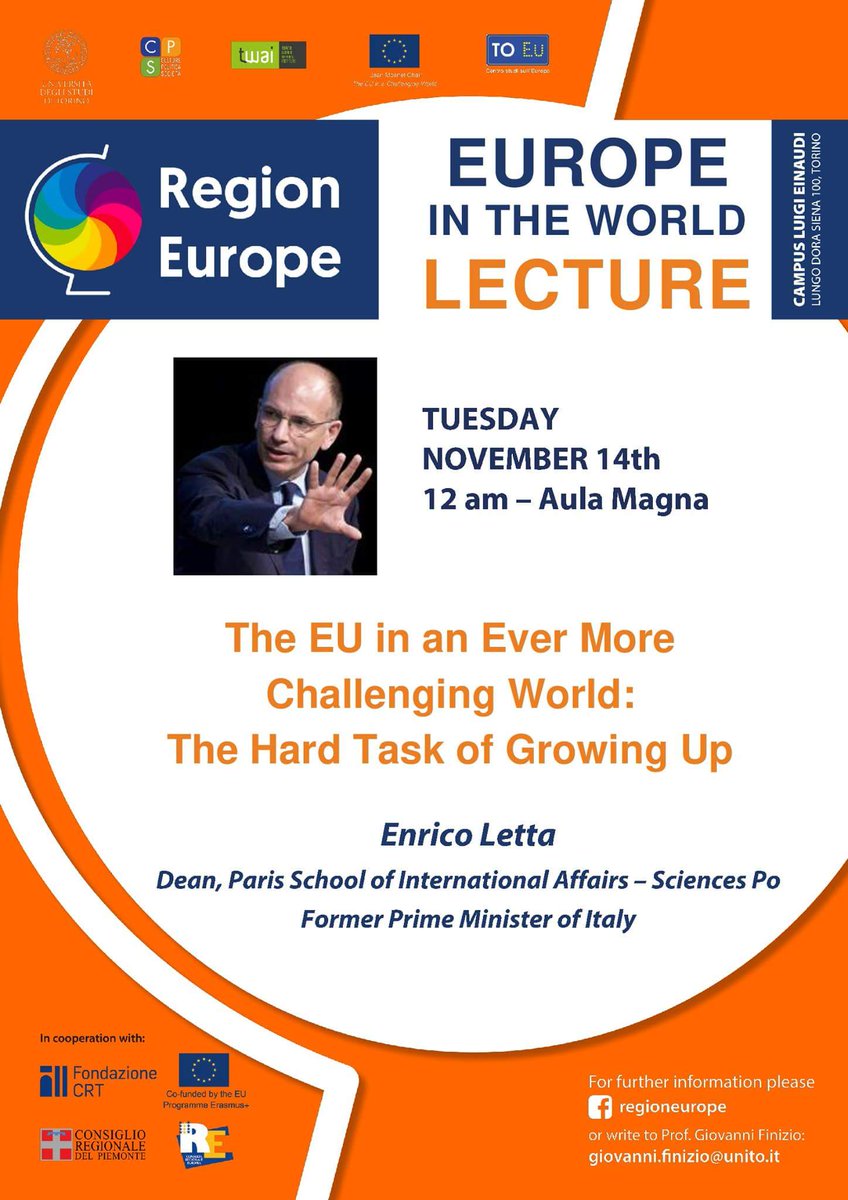 Martedì 14/11 a #Torino, l'ex premier <a href="/EnricoLetta/">Enrico Letta</a> terrà una lecture sul ruolo internazionale dell'Unione Europea in un mondo in cambiamento. Un evento da non perdere nell'ambito di #RegionEurope! Ore 12 al Campus Einaudi di <a href="/unito/">Università di Torino</a>
#UE #europa