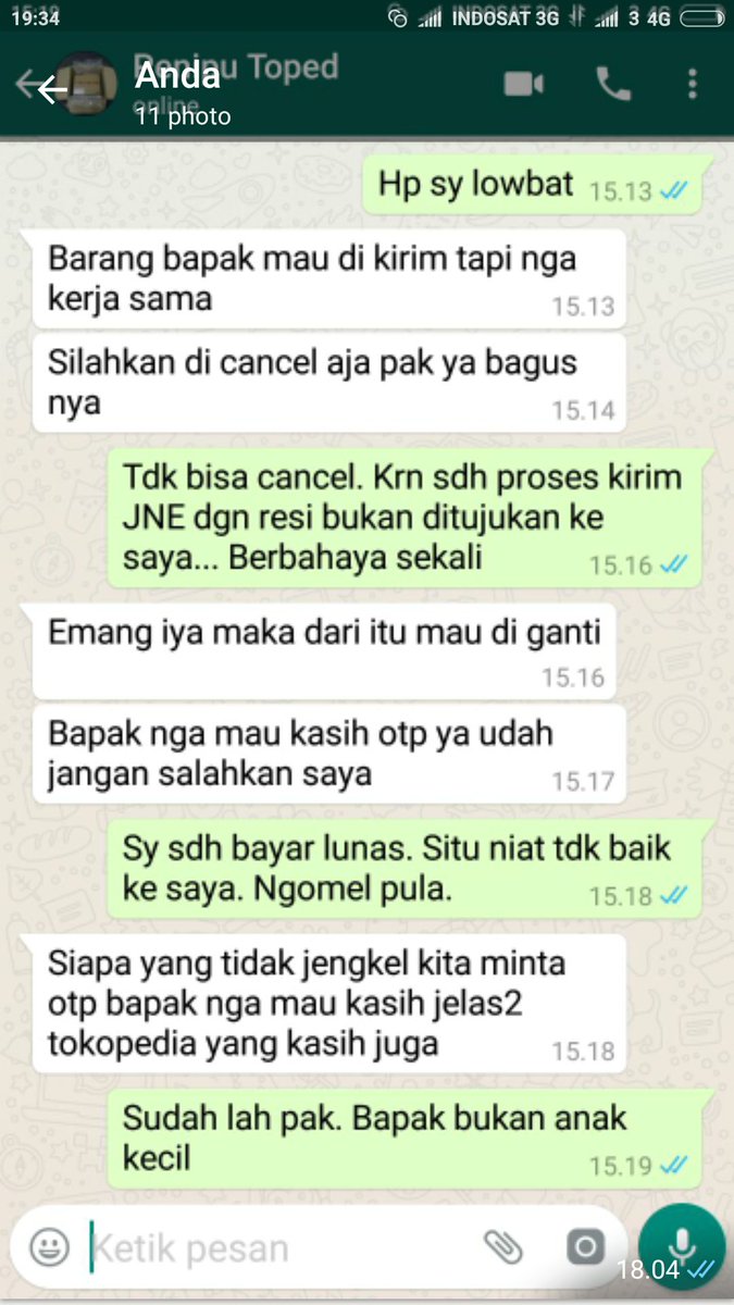 INV/20171112/XVII/XI/115361298

Pembelian laptop Rp 9jt kirim Gojek ke Pancoran. Oleh penjual diganti JNE 020540130222017 tujuan Pesanggrahan lalu ganti  010650216428617.. tujuan Cibinong.. Penjual seharian minta OTP akun saya. 

Transaksi selesai. Brg tdk sampai ke saya.