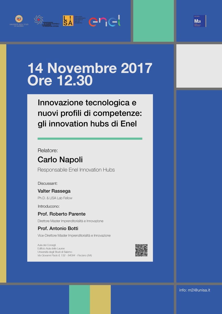 LISAlab_'s tweet photo. #innovazione tecnologica e nuove competenze. 
Carlo Napoli, Innovation Hubs #Enel, a @UniSalerno il 14Novembre https://t.co/dzVK7zyhj7