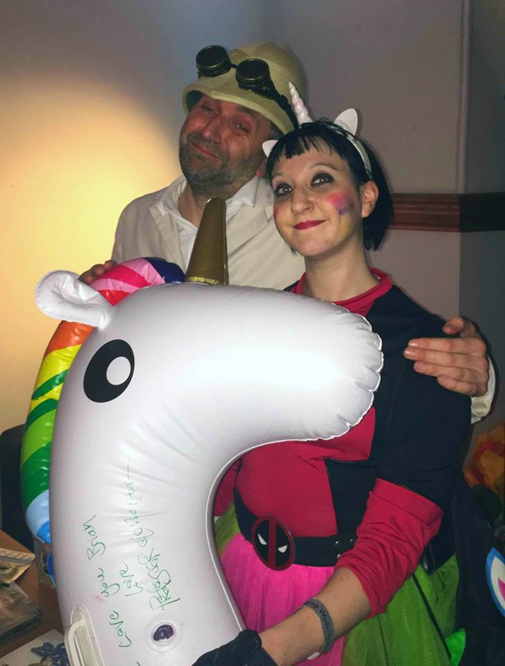 Cosmicstarlighm's tweet photo. Me with @prof_elemental at @WrthingWormhole #cosplay #party last might.  Great #fun! He loved my #unicorn Brian! ☺️🦄💖#costume #deadpool #convention #worthing https://t.co/oK9IRMR9d1