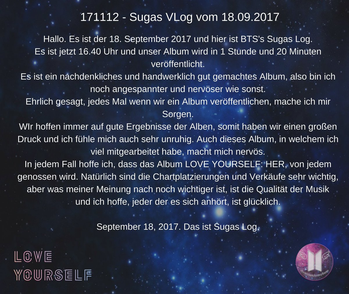 Bangtan_Austria's tweet photo. Hier die deutsche Übersetzung des VLogs von Suga, welches heute hochgeladen wurde.
(Rechtschreibfehler sind Special Effects ;P )

#gertrans #btsgerman #germanbts #SUGA https://t.co/B0Thhiu2Uo