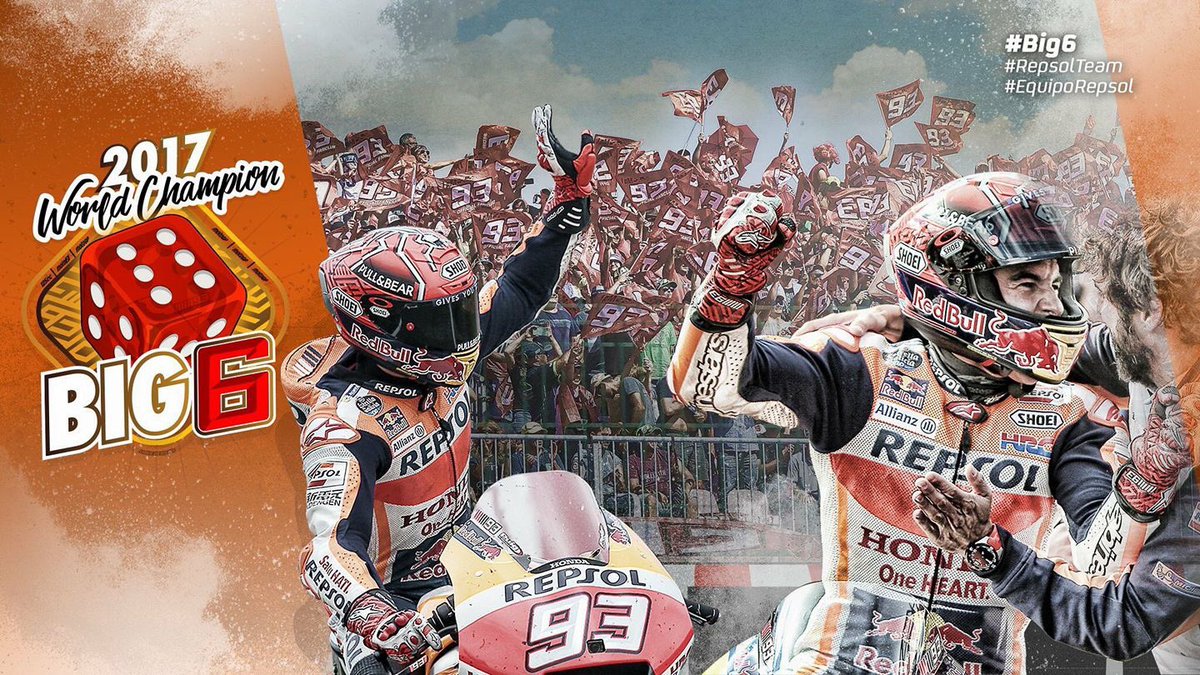 jdpmad's tweet photo. Pues el sexto ya está aquí, felicidades @marcmarquez93!!! Felicidades a todos los marquistas, y aficionados en general por un mundial tan bonito. Felicidades a Dovi, llevo a Marc al límite como nadie. 
#BIG6 https://t.co/hGE0bH7bEY