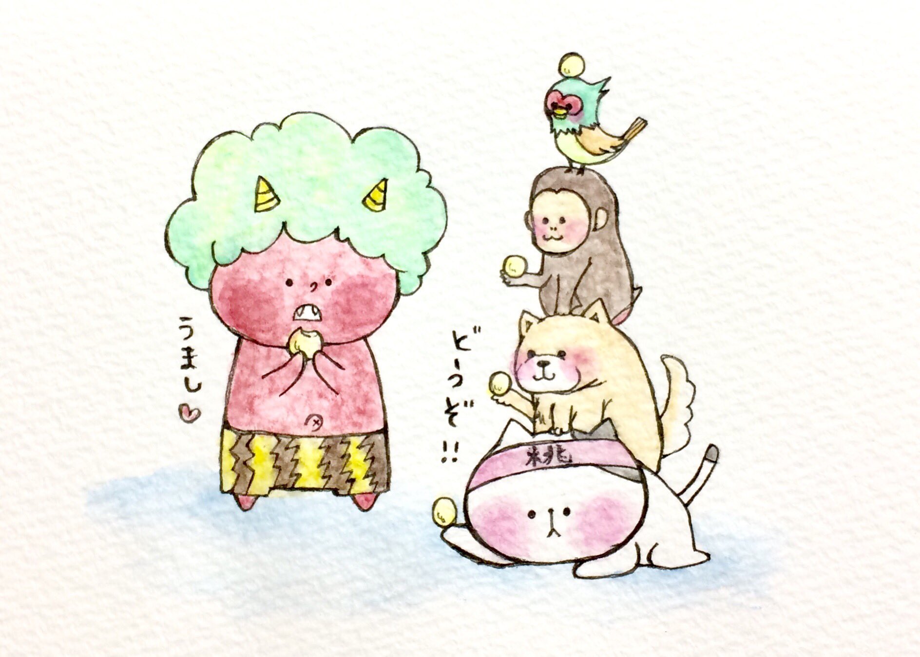おこにゃん 在 Twitter 上 きびだんごの美味しさを伝えたところ 桃太郎 仲間 きびだんご 鬼 美味しい 猫 ネコ ねこ イラスト 可愛い 1日1絵 手描き 癒し 絵描きさんと繋がりたい イラスト好きな人と繋がりたい お絵かき部 Cats T Co