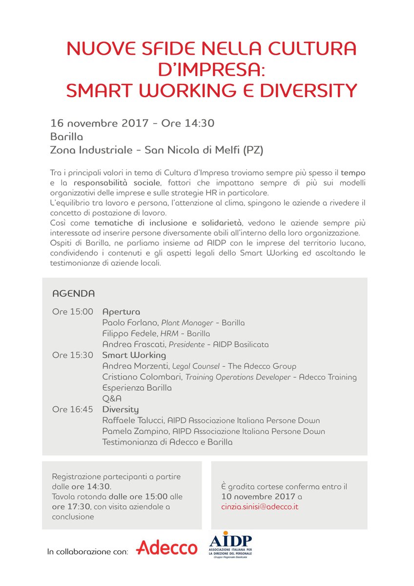 AIDP e Barilla per il diversity management, appuntamento al 16.11.17 #nuovesfide #aidp #smartworking