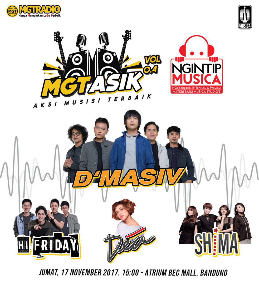 MusicaStudios's tweet photo. Yeay! Sampai jumpa di Kota Bandung tepatnya di Mall Atrium BEC Bandung bersama @DMASIV @HIFRIDAYBand @band_shima &amp; @deaazkadi1 #NgintipMusica 17 Nov 2017 https://t.co/n4a74oHgPj