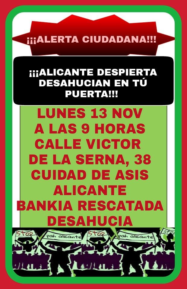 PAH_Alicante's tweet photo. Paremos el desahucio de Raquel este
LUNES 13-nov a las 9:00
C/ Víctor de la Serna, 38
#NiUnDesahucioMas
#Alicante https://t.co/bAe5t7kZT5