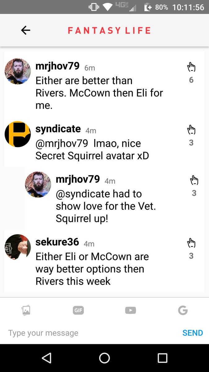 Pragmanic0's tweet photo. @DanielDopp @MatthewBerryTMR @FantasyLifeApp Users repping the Secret Squirrel avatar! #SquirrelUp #VeteransDay https://t.co/QPh34tlsYv