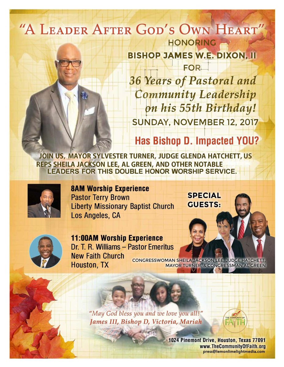 Honoring Bishop James Dixon II for 36 years of pastoral and community leadership on his 55th Birthday.   Honor Worship Service.  Come join us! #like #share