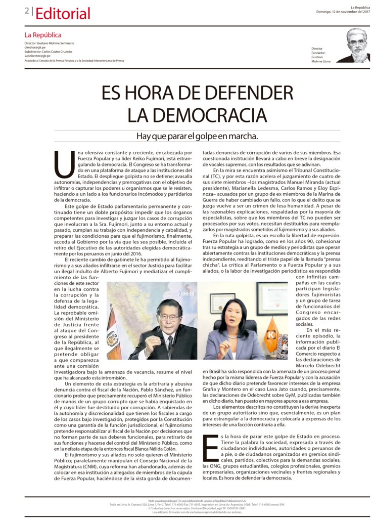 larepublica_pe's tweet photo. No te pierdas nuestro #EditorialLR de hoy: Es hora de defender la democracia ► https://t.co/TEGfBXQO98 https://t.co/v5pbDJDbnx