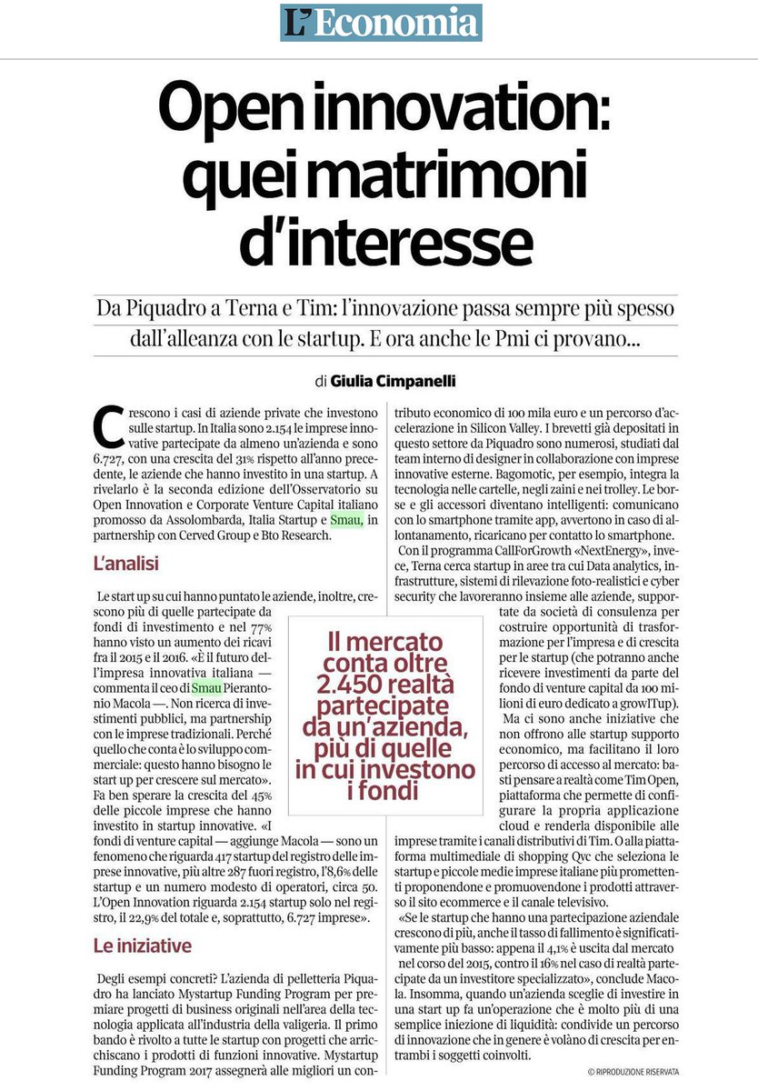 smaunotes's tweet photo. #OpenInnovation: da @PIQUADROFFICIAL a @TIM_Official l'#innovazione passa dall'alleanza con le #startup. Da @L_Economia @Corriere https://t.co/FohGPxdaDG