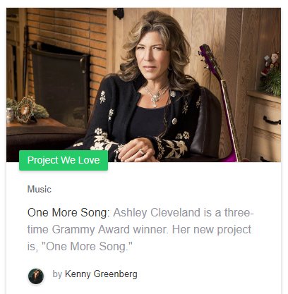 Hey everybody, check this out! Kickstarter named "One More Song" a "Project We Love." So cool. Please help us reach our stretch goal. Here's the link. kickstartashley.com Thanks! - Kenny Greenberg