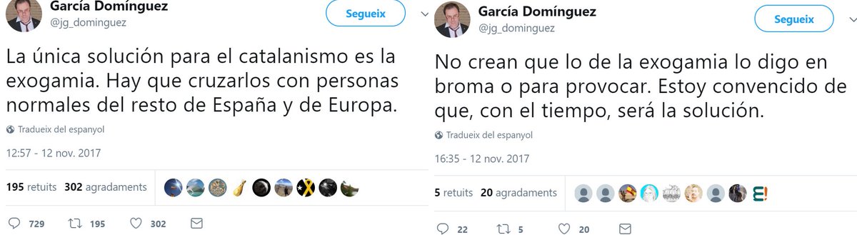 Holaiquetal's tweet photo. The problem is: he is serious. #Spain 2017 on #catalans.
"The only solution is #exogamy, to cross them with normal #spanish or #european people" "I am not joking: it will be the solution".
Suggesting nex #Endlösung against #Catalonia? #Katalonien #Spanien #Europe #EU #Fascism https://t.co/SMXkfBjyqL