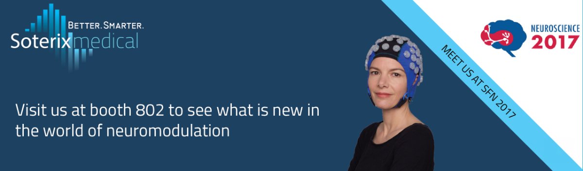 SoterixMedical's tweet photo. Soterix Medical at #SfN2017 Visit us at booth 802 to see what is new in the world of #neuromodulation from #tES, HD-tES, Neurotargeting software, tES+EEG, Animal DCS, Spinal DC Stimulation, Galvanic Vestibular Stimulation, Neuronavigation to TMS and more #neuroscience #tDCS https://t.co/Yn3GvEVEKv