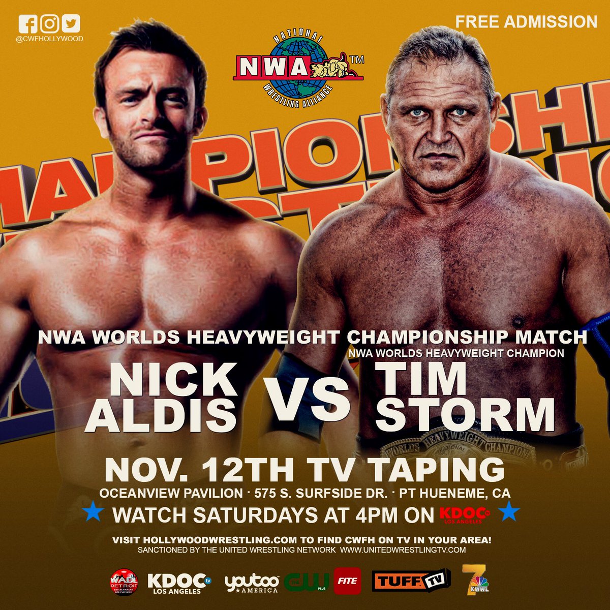 CWFHollywood's tweet photo. TODAY! 3PM at the @OVP_Theatre! FREE ADMISSION 🎟

@nwa Worlds Heavyweight Champion @TimStormNWA 🆚 @RealNickAldis 

Hollywood Heritage Champion @BADDUDEtito 🆚 @TyMatthewsPMA 

#PP3Cup qualifying matches, + much more! https://t.co/K8cTum2m1c